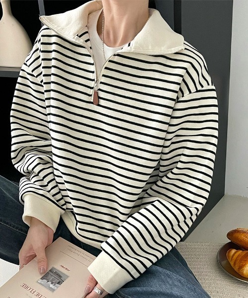 deux amour（ドゥーザムール）の「ハーフジップボーダーニットプルオーバー（Tシャツ/カットソー・レディース・ブラック/ホワイト・FREE）」の5枚目の写真