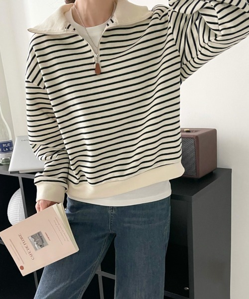 deux amour（ドゥーザムール）の「ハーフジップボーダーニットプルオーバー（Tシャツ/カットソー・レディース・ブラック/ホワイト・FREE）」の11枚目の写真