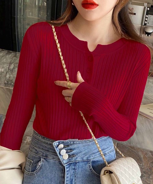 NANEA（ナネア）の「リブニットトップス　ラウンドヘンリーネック（ニット/セーター・レディース・ホワイト/ピンク/グリーン/グレー/ブルー/ブラック/アイボリー/サックスブルー/ベージュ/イエロー/レッド/パープル・MEDIUM）」の12枚目の写真