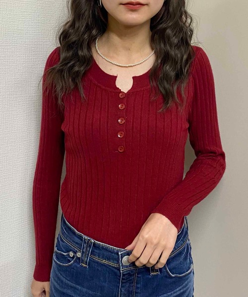 セール】リブニットトップス ラウンドヘンリーネック（ニット/セーター  