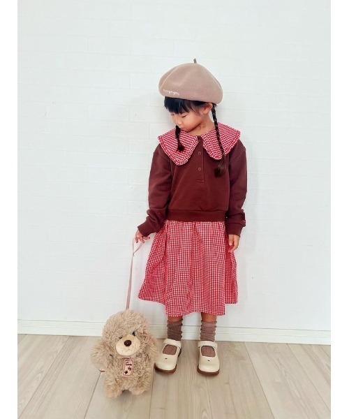 Moujonjon(ムージョンジョン)の「ビッグカラーチェック切替裏毛ワンピース(ワンピース・キッズ・グレー/ブラウン・100/110/90/120/130/140/80)」の2枚目の写真