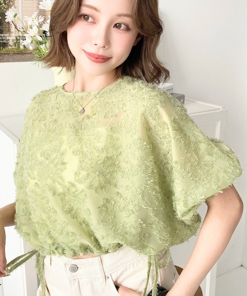 SHIPS 半袖　前後2way 夏服　シアー フリンジ ジャカード プルオーバー プルオーバー ジャガード ブラウス トップス レディース