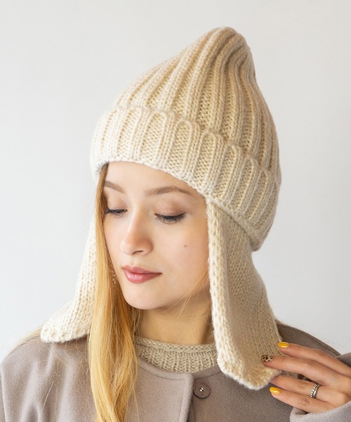 14+（イチヨンプラス）の「耳当て付リブニット帽（ニットキャップ/ビーニー・レディース・グレー/アイボリー/ブラック/ブラウン・FREE）」の2枚目の写真