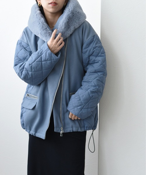 Eimee Law メルトン&キルト ファーフーディブルゾン ブルー Eimee Law