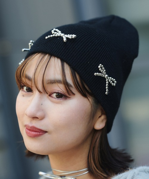 SPINNS（スピンズ）の「リボンシングルビーニー（ニットキャップ/ビーニー・レディース・ブラック/ホワイト/グレー・ONESIZE）」の9枚目の写真