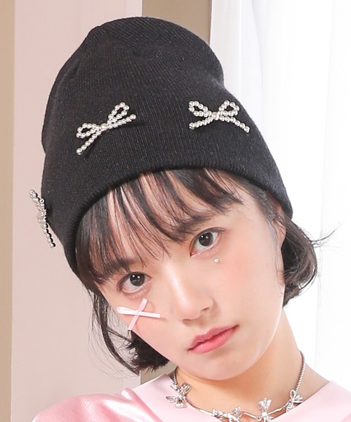 SPINNS（スピンズ）の「リボンシングルビーニー（ニットキャップ/ビーニー・レディース・ブラック/ホワイト/グレー・ONESIZE）」の6枚目の写真
