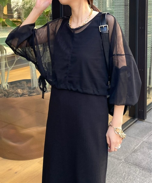 DouDou(ドゥドゥ)の「【WEB限定】チュールショート丈ドロストプルオーバー(Tシャツ/カットソー・レディース・グレー/ブラック・FREE)」の7枚目の写真