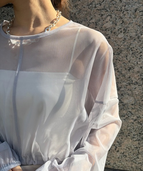 DouDou(ドゥドゥ)の「【WEB限定】チュールショート丈ドロストプルオーバー(Tシャツ/カットソー・レディース・グレー/ブラック・FREE)」の12枚目の写真