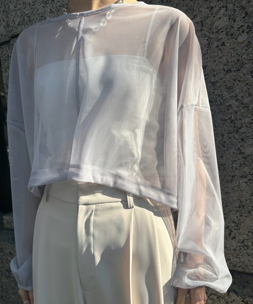 DouDou(ドゥドゥ)の「【WEB限定】チュールショート丈ドロストプルオーバー(Tシャツ/カットソー・レディース・グレー/ブラック・FREE)」の13枚目の写真