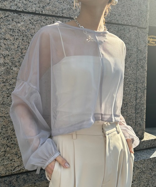 DouDou(ドゥドゥ)の「【WEB限定】チュールショート丈ドロストプルオーバー(Tシャツ/カットソー・レディース・グレー/ブラック・FREE)」の14枚目の写真