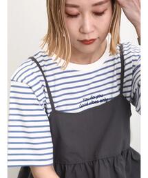 Samansa Mos2 blue | 【シルキーコットン】アソート刺繍Tシャツ(Tシャツ/カットソー)