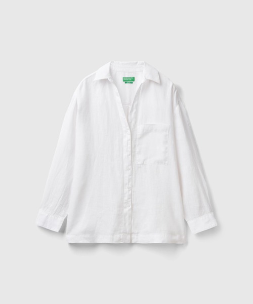 BENETTON (UNITED COLORS OF BENETTON)（ベネトンユナイテッドカラーズオブベネトン）の「リネン100％ドロップショルダー長袖シャツ・ブラウス（シャツ/ブラウス・レディース・ホワイト/カーキ/ピンクベージュ/イエロー・SMALL/MEDIUM/X-SMALL/XX-SMALL）」の7枚目の写真