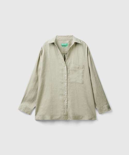 BENETTON (UNITED COLORS OF BENETTON)（ベネトンユナイテッドカラーズオブベネトン）の「リネン100％ドロップショルダー長袖シャツ・ブラウス（シャツ/ブラウス・レディース・ホワイト/カーキ/ピンクベージュ/イエロー・SMALL/MEDIUM/X-SMALL/XX-SMALL）」の10枚目の写真