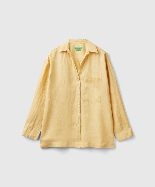 BENETTON (UNITED COLORS OF BENETTON)（ベネトンユナイテッドカラーズオブベネトン）の「リネン100％ドロップショルダー長袖シャツ・ブラウス（シャツ/ブラウス・レディース・ホワイト/カーキ/ピンクベージュ/イエロー・SMALL/MEDIUM/X-SMALL/XX-SMALL）」の13枚目の写真