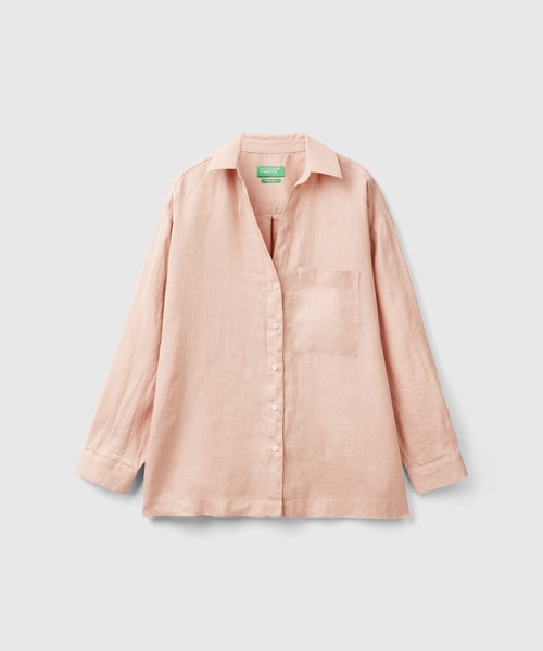 BENETTON (UNITED COLORS OF BENETTON)（ベネトンユナイテッドカラーズオブベネトン）の「リネン100％ドロップショルダー長袖シャツ・ブラウス（シャツ/ブラウス・レディース・ホワイト/カーキ/ピンクベージュ/イエロー・SMALL/MEDIUM/X-SMALL/XX-SMALL）」の16枚目の写真