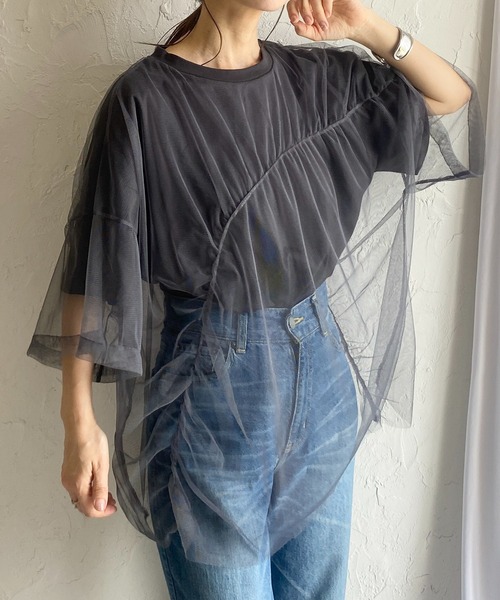 She's Closet(シーズクローゼット)の「切り替えドッキング変形アシンメトリーメッシュチュール重ねシアーレイヤード半袖Tシャツ(Tシャツ/カットソー・レディース・サックスブルー/アイボリー/グレイッシュベージュ/チャコール・FREE)」の8枚目の写真