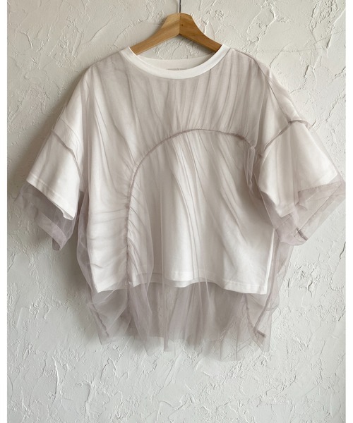She's Closet(シーズクローゼット)の「切り替えドッキング変形アシンメトリーメッシュチュール重ねシアーレイヤード半袖Tシャツ(Tシャツ/カットソー・レディース・サックスブルー/アイボリー/グレイッシュベージュ/チャコール・FREE)」の9枚目の写真