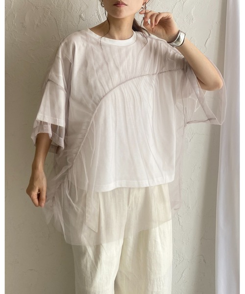 She's Closet(シーズクローゼット)の「切り替えドッキング変形アシンメトリーメッシュチュール重ねシアーレイヤード半袖Tシャツ(Tシャツ/カットソー・レディース・サックスブルー/アイボリー/グレイッシュベージュ/チャコール・FREE)」の18枚目の写真