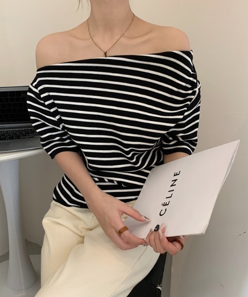 Achic(アシック)の「オフショル半袖ボーダーカットソー(Tシャツ/カットソー・レディース・アイボリー/ブラック・M)」の9枚目の写真