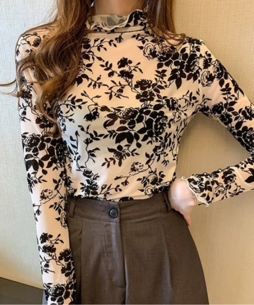 CREARE -LINO-(クレアーレリノ)の「<レディース商品>シアーハイネック フロッキープリント花柄トップス(その他トップス・レディース・ブラック/アイボリー・MEDIUM/LARGE)」の12枚目の写真