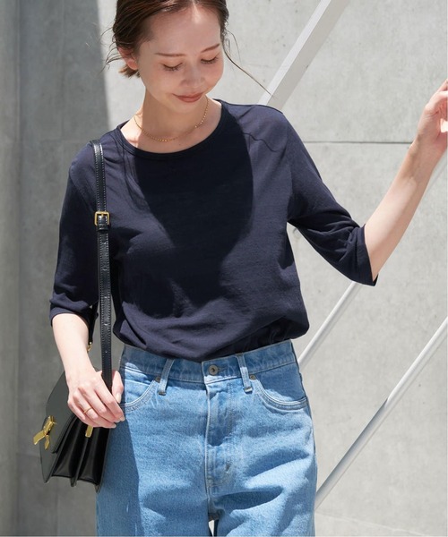 SLOBE IENA(スローブイエナ)の「《追加2》シアー天竺5分袖Tシャツ(Tシャツ/カットソー・レディース・ネイビー/ブラウン/アイボリー・FREE)」の3枚目の写真