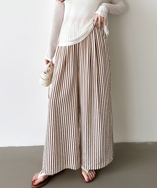 モユル　ストライプ　サルエルパンツ 萌 MOYURU ワイド サルエル イージーパンツ ストライプ コットンリネン