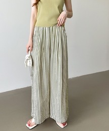 選べる2丈 接触冷感 ストライプワイドパンツ イージーパンツ ストライプパンツ ワイド パンツ 夏服 アンクル丈/レギュラー丈