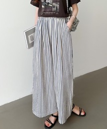 選べる2丈 接触冷感 ストライプワイドパンツ イージーパンツ ストライプパンツ ワイド パンツ 夏服 アンクル丈/レギュラー丈