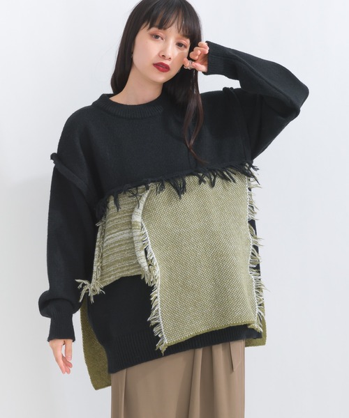 Spick and Span フリンジニットショートプルオーバー セール】ブロックフリンジニットプルオーバー（ニット/セーター
