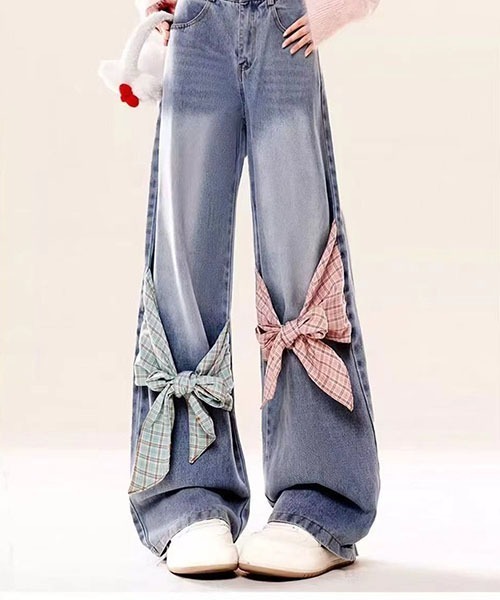 【セール】チェックリボンデニムハイウェストパンツ（デニムパンツ）｜gossip！ロサンゼルス（ゴシップロサンゼルス）