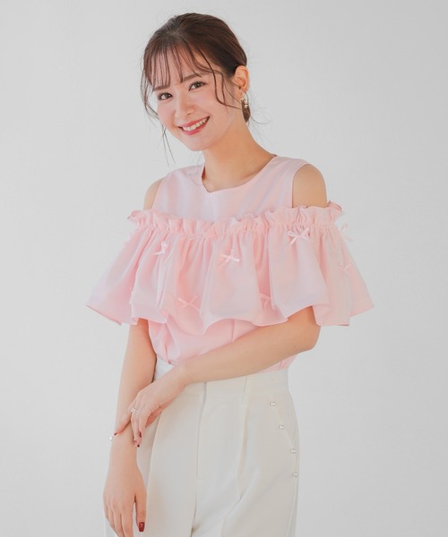 Fit more ミニリボンチュールオープンショルダーブラウス ミニリボンチュールオープンショルダーブラウス（シャツ