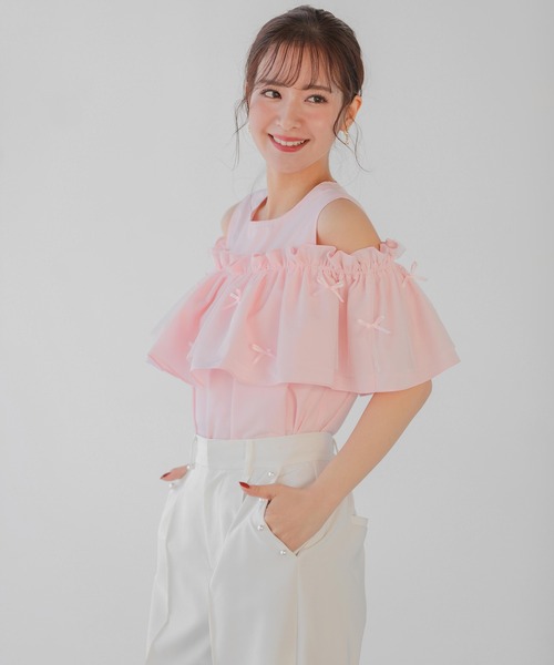 Fit more(フィットモア)の「ミニリボンチュールオープンショルダーブラウス(シャツ/ブラウス・レディース・ホワイト/ブラック/ピンク・FREE)」の8枚目の写真
