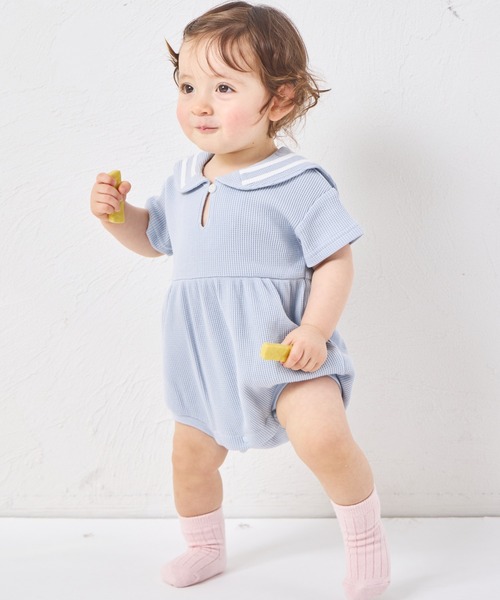 pairmanon(ペアマノン)の「【さらっとワッフル】【ベビー】セーラーカラー ロンパース(ロンパース・キッズ・アイボリー/ライトベージュ/ライトブルー/モカ・80/70)」の6枚目の写真