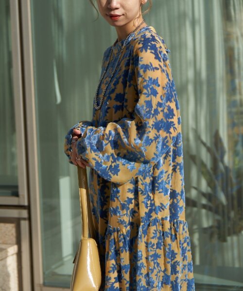 セール】【前後2WAY】ベロアフラワーティアードワンピース（ワンピース