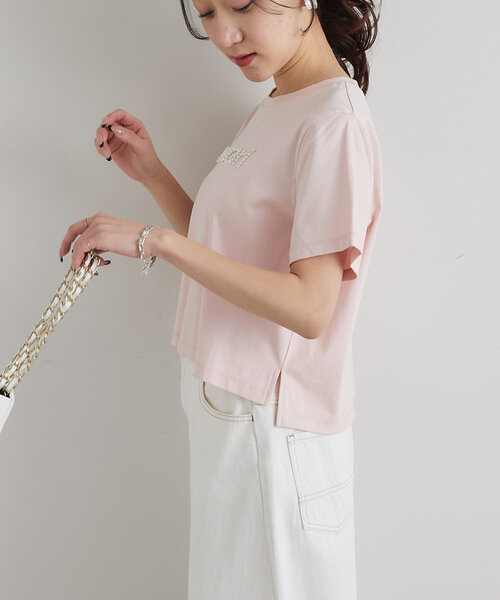 La boutique BonBon（ラブティックボンボン）の「【最強愛されパールロゴ】パールモチーフクロップドTシャツ（Tシャツ/カットソー・レディース・ブラック/オフホワイト/ネイビー/ピンク・FREE）」の15枚目の写真