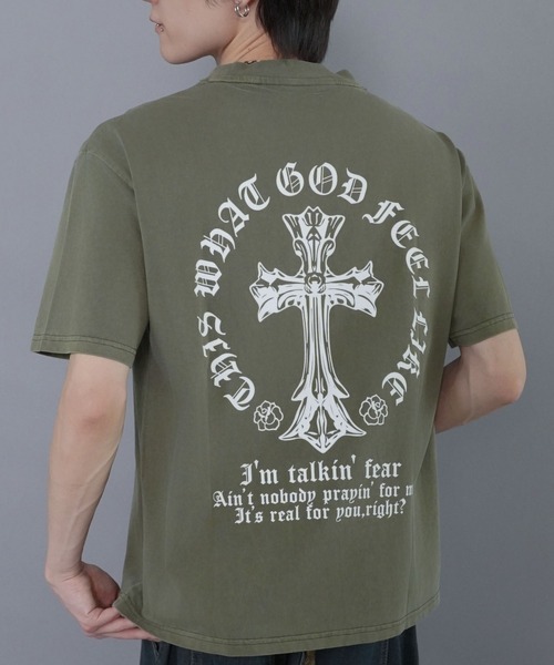 セール】ピグメント加工 短丈Tシャツ/クロスロゴ/バックプリント