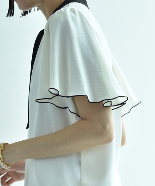 INTERPLANET（インタープラネット）の「【接触冷感・UV】ポーラ衿元配色ゴールド釦ブラウス（シャツ/ブラウス・レディース・ブラック/オフホワイト/ベージュ/サックスブルー・FREE）」の7枚目の写真