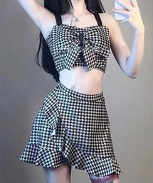 NANEA（ナネア）の「千鳥柄リボントップス＆アシンメトリーフリルスカート　2点セットスイムウェア（水着）」