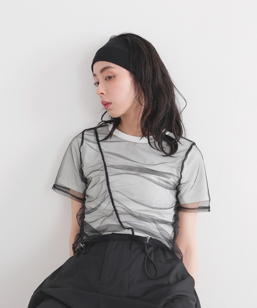 LIAN（リアン）の「シャーリングチュールレイヤードTシャツ（Tシャツ/カットソー・レディース・杢グレー/ホワイト×ブラック/オフホワイト/ブラック・FREE）」の3枚目の写真