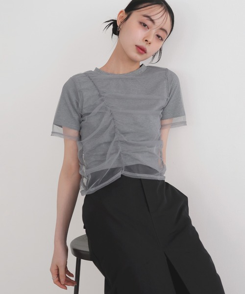 LIAN（リアン）の「シャーリングチュールレイヤードTシャツ（Tシャツ/カットソー・レディース・杢グレー/ホワイト×ブラック/オフホワイト/ブラック・FREE）」の5枚目の写真