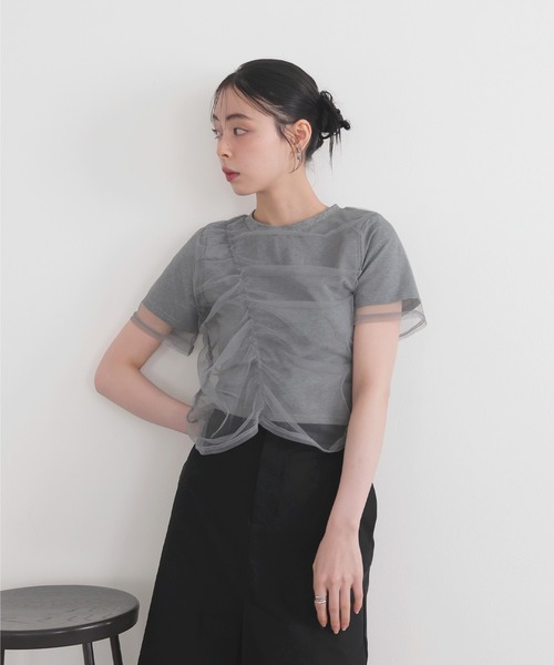 LIAN（リアン）の「シャーリングチュールレイヤードTシャツ（Tシャツ/カットソー・レディース・杢グレー/ホワイト×ブラック/オフホワイト/ブラック・FREE）」の6枚目の写真