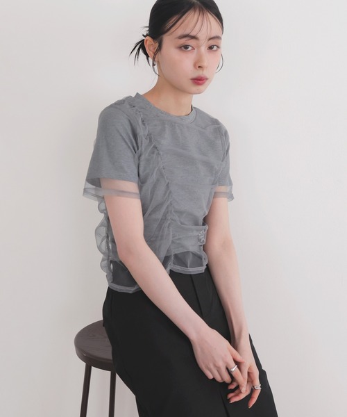 LIAN（リアン）の「シャーリングチュールレイヤードTシャツ（Tシャツ/カットソー・レディース・杢グレー/ホワイト×ブラック/オフホワイト/ブラック・FREE）」の7枚目の写真