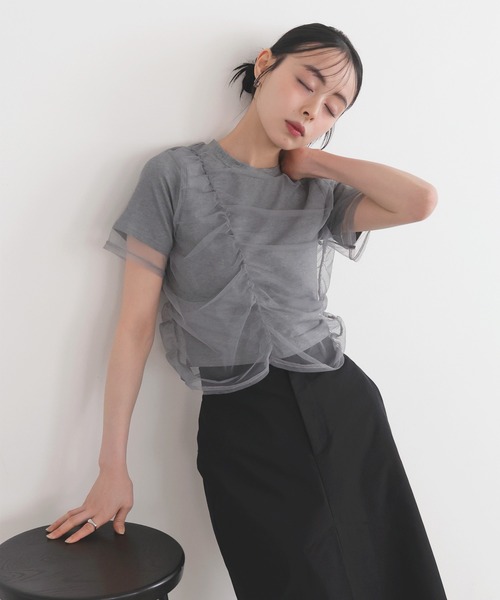 LIAN（リアン）の「シャーリングチュールレイヤードTシャツ（Tシャツ/カットソー・レディース・杢グレー/ホワイト×ブラック/オフホワイト/ブラック・FREE）」の9枚目の写真