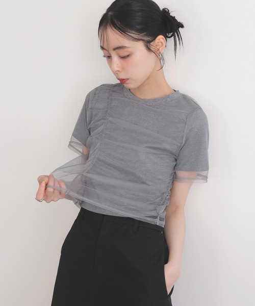 LIAN（リアン）の「シャーリングチュールレイヤードTシャツ（Tシャツ/カットソー・レディース・杢グレー/ホワイト×ブラック/オフホワイト/ブラック・FREE）」の10枚目の写真