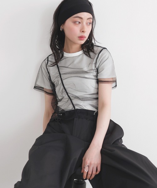 LIAN（リアン）の「シャーリングチュールレイヤードTシャツ（Tシャツ/カットソー・レディース・杢グレー/ホワイト×ブラック/オフホワイト/ブラック・FREE）」の12枚目の写真