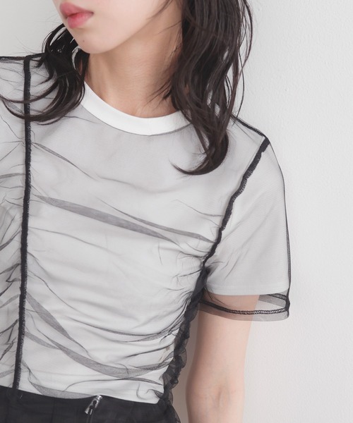 LIAN（リアン）の「シャーリングチュールレイヤードTシャツ（Tシャツ/カットソー・レディース・杢グレー/ホワイト×ブラック/オフホワイト/ブラック・FREE）」の13枚目の写真
