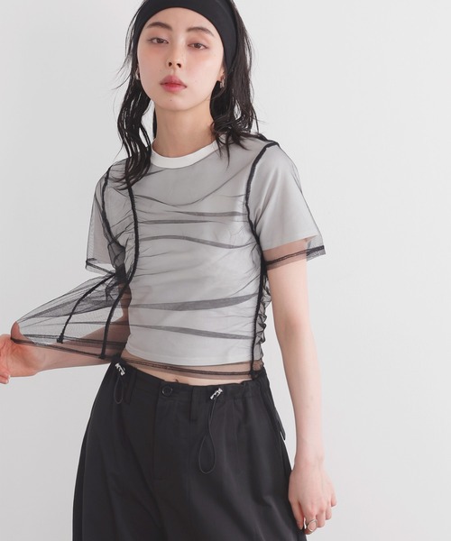 LIAN（リアン）の「シャーリングチュールレイヤードTシャツ（Tシャツ/カットソー・レディース・杢グレー/ホワイト×ブラック/オフホワイト/ブラック・FREE）」の14枚目の写真