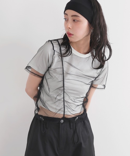 LIAN（リアン）の「シャーリングチュールレイヤードTシャツ（Tシャツ/カットソー・レディース・杢グレー/ホワイト×ブラック/オフホワイト/ブラック・FREE）」の16枚目の写真