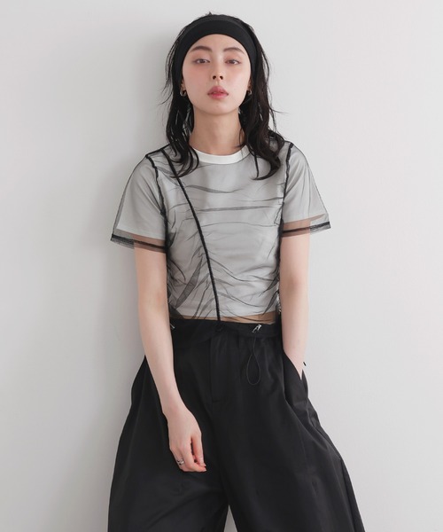 LIAN（リアン）の「シャーリングチュールレイヤードTシャツ（Tシャツ/カットソー・レディース・杢グレー/ホワイト×ブラック/オフホワイト/ブラック・FREE）」の17枚目の写真