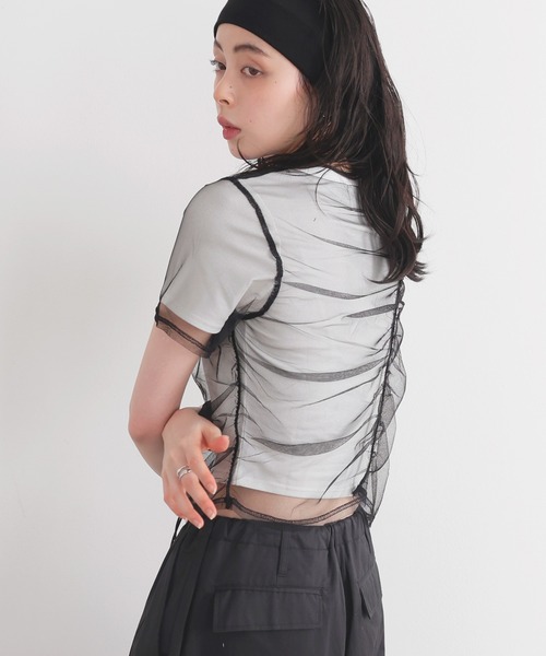 LIAN（リアン）の「シャーリングチュールレイヤードTシャツ（Tシャツ/カットソー・レディース・杢グレー/ホワイト×ブラック/オフホワイト/ブラック・FREE）」の18枚目の写真